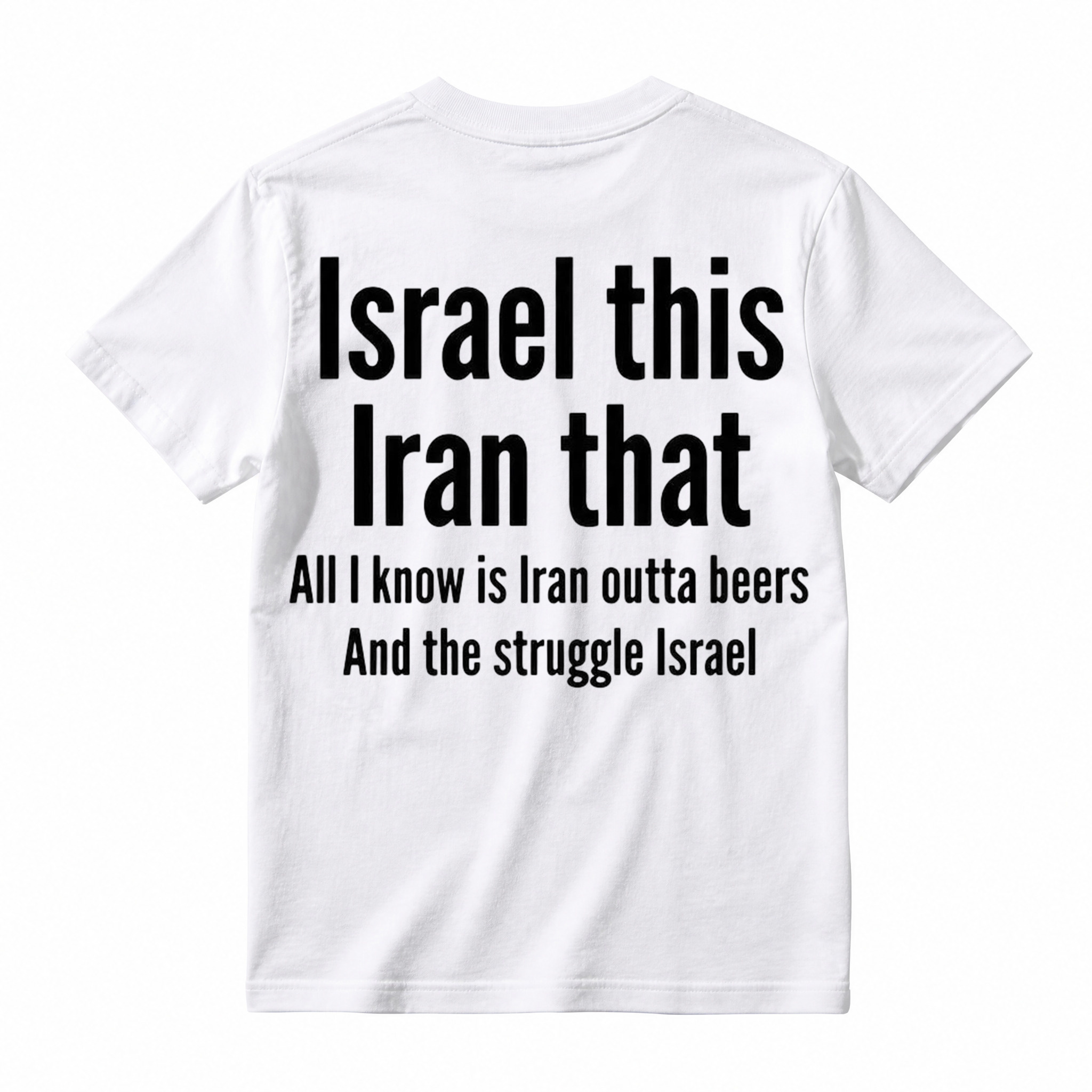 Men's humorous graphic T-shirt featuring the pun "All I Know Is Iran Outta Beers"