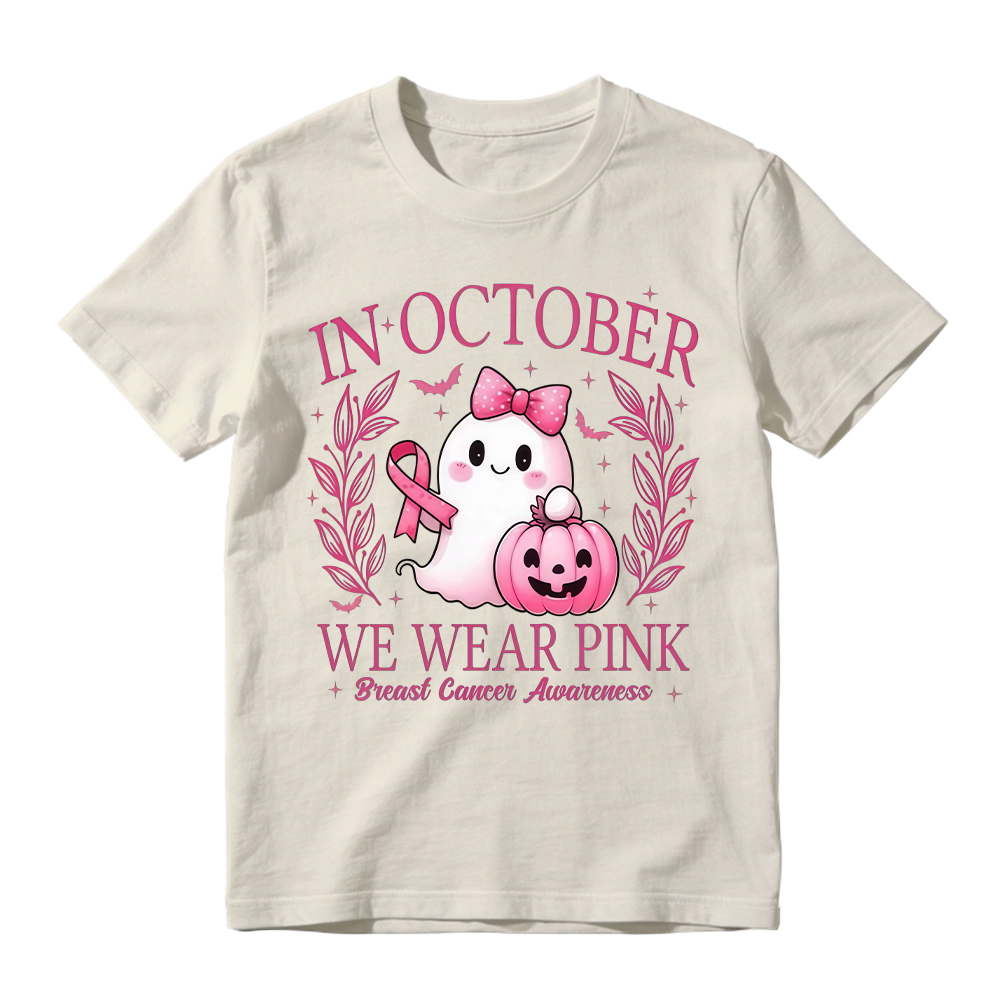 In October We Wear Pink Shirt, Retro Breast Cancer Awareness Shirt, Halloween Pink Ghost , Breast Cancer Halloween Unisex