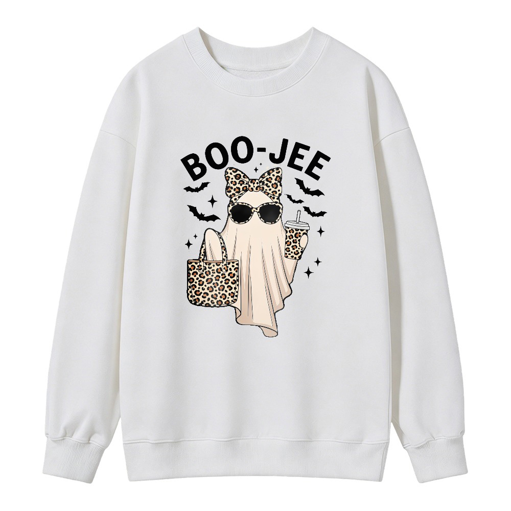 Boo Jee Funny Ghost With Leopard Print Bow Sunglasses And Coffee Cup Halloween Sweatshirt