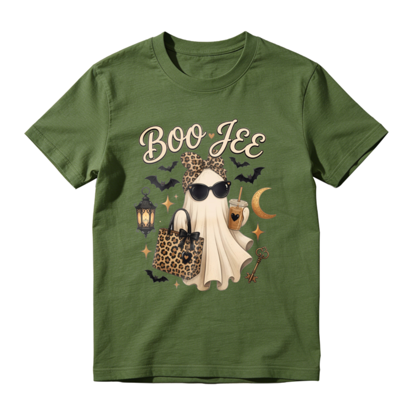 Boo Jee Leopard Print Ghost With Sunglasses And Iced Coffee Halloween Graphic T-shirt