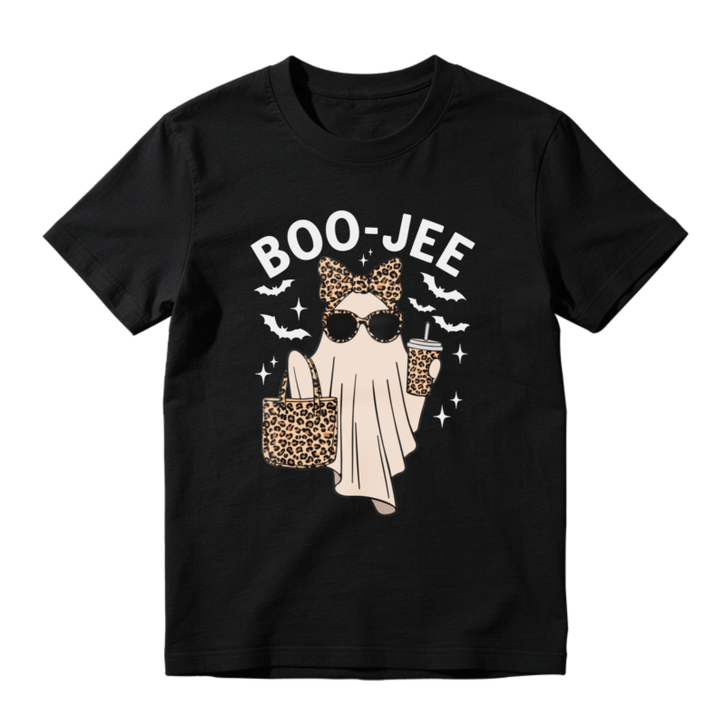 Boo Jee Leopard Print Ghost Sunglasses Coffee Cup Bats Halloween Funny Graphic T-shirt