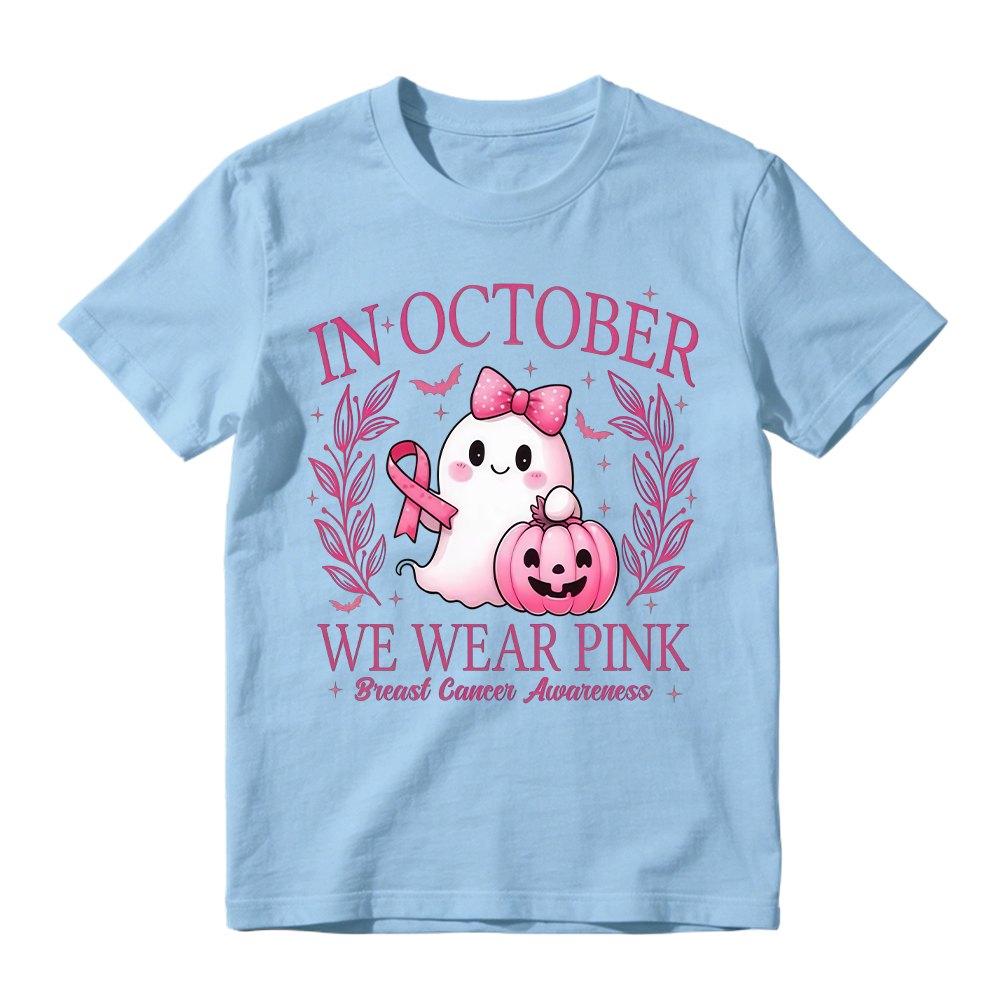 In October We Wear Pink Shirt, Retro Breast Cancer Awareness Shirt, Halloween Pink Ghost , Breast Cancer Halloween Unisex