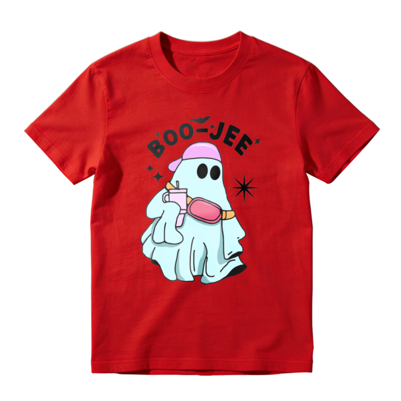Cute Ghost Wearing Pink Hat And Fanny Pack Holding Drink Boo Jem Text Halloween Cartoon Graphic T-shirt