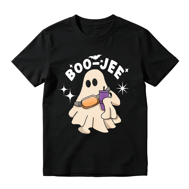 Cute Ghost Holding Purple And Orange Item Boo Jee Text With Bat And Stars Halloween Theme T-shirt