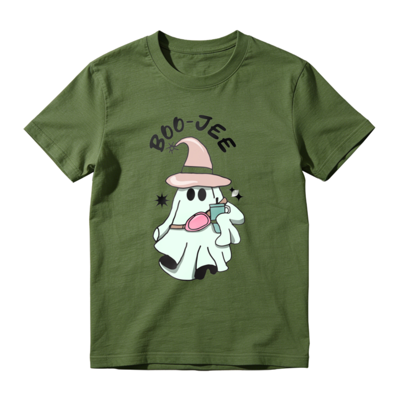 Cute Ghost Wearing Witch Hat Holding Phone Boo Jee Text Cartoon Halloween Graphic T-shirt