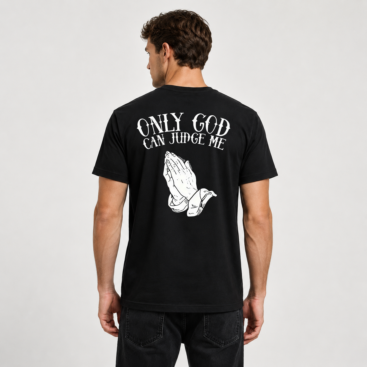 “Faith-Based Streetwear T-Shirt – ‘Only God Can Judge Me’, Oversized, Black & White, Trending”