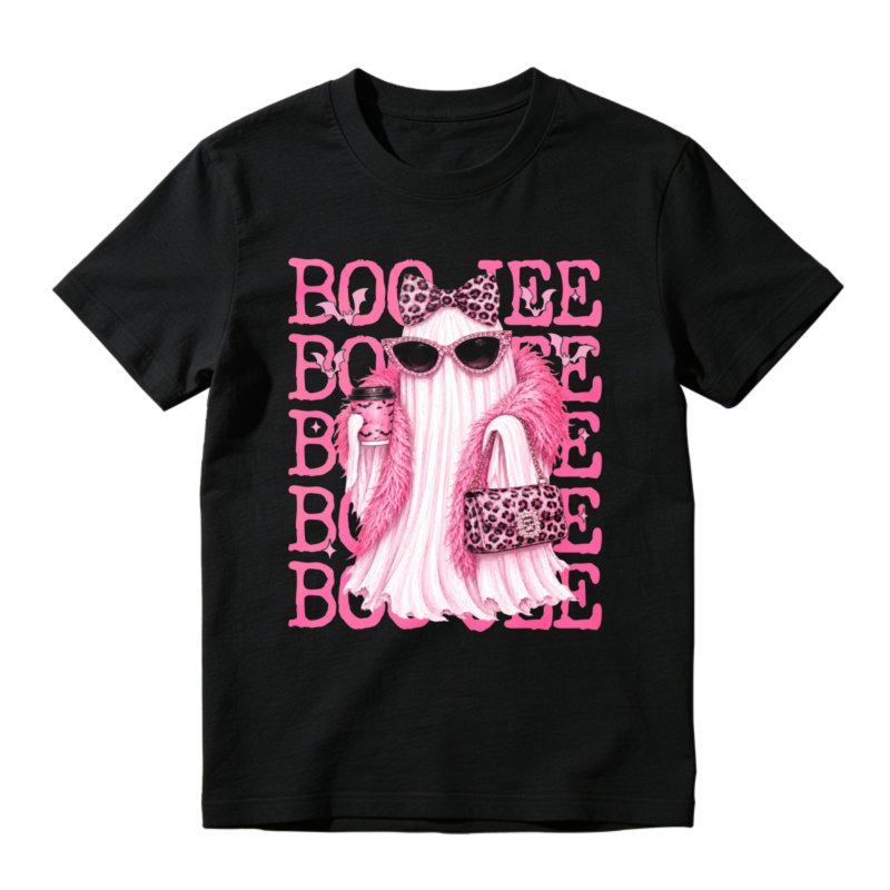 Pink Boo Lee Ghost With Leopard Bow Sunglasses And Fur Coat Halloween Graphic T-shirt