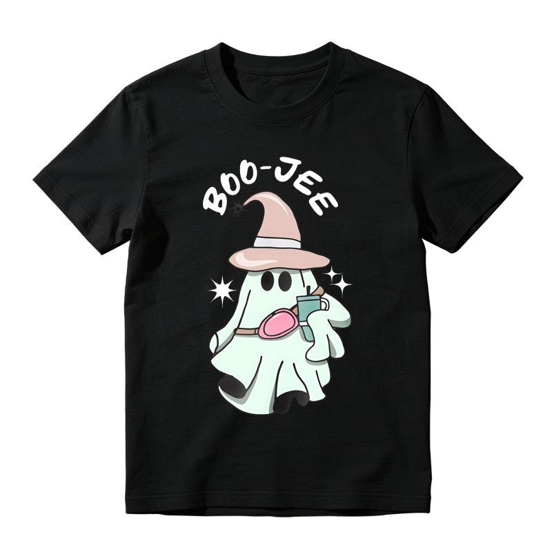 Cute Ghost Wearing Witch Hat Holding Phone Boo Jee Text Cartoon Halloween Graphic T-shirt