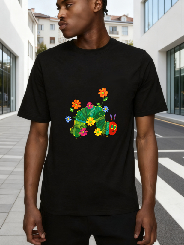 Colorful Caterpillar With Flowers And Leaves tshirt 100% cotton