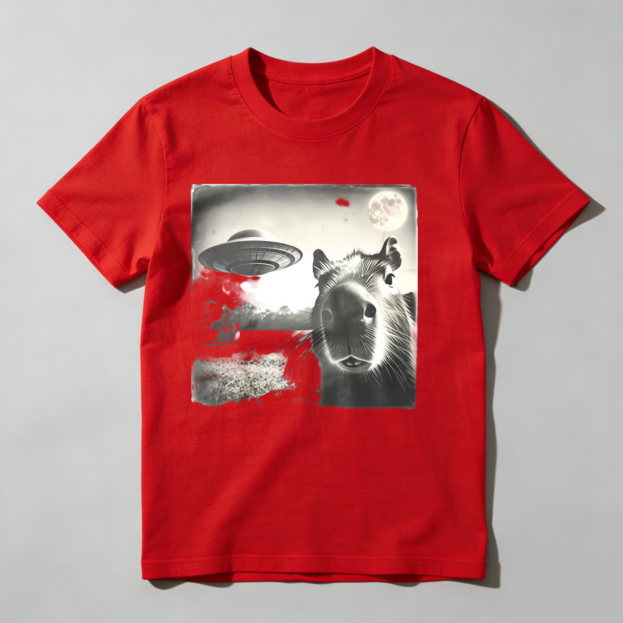 Capybara Ufo Moon Landscape Night Scene tshirt 100% cotton
