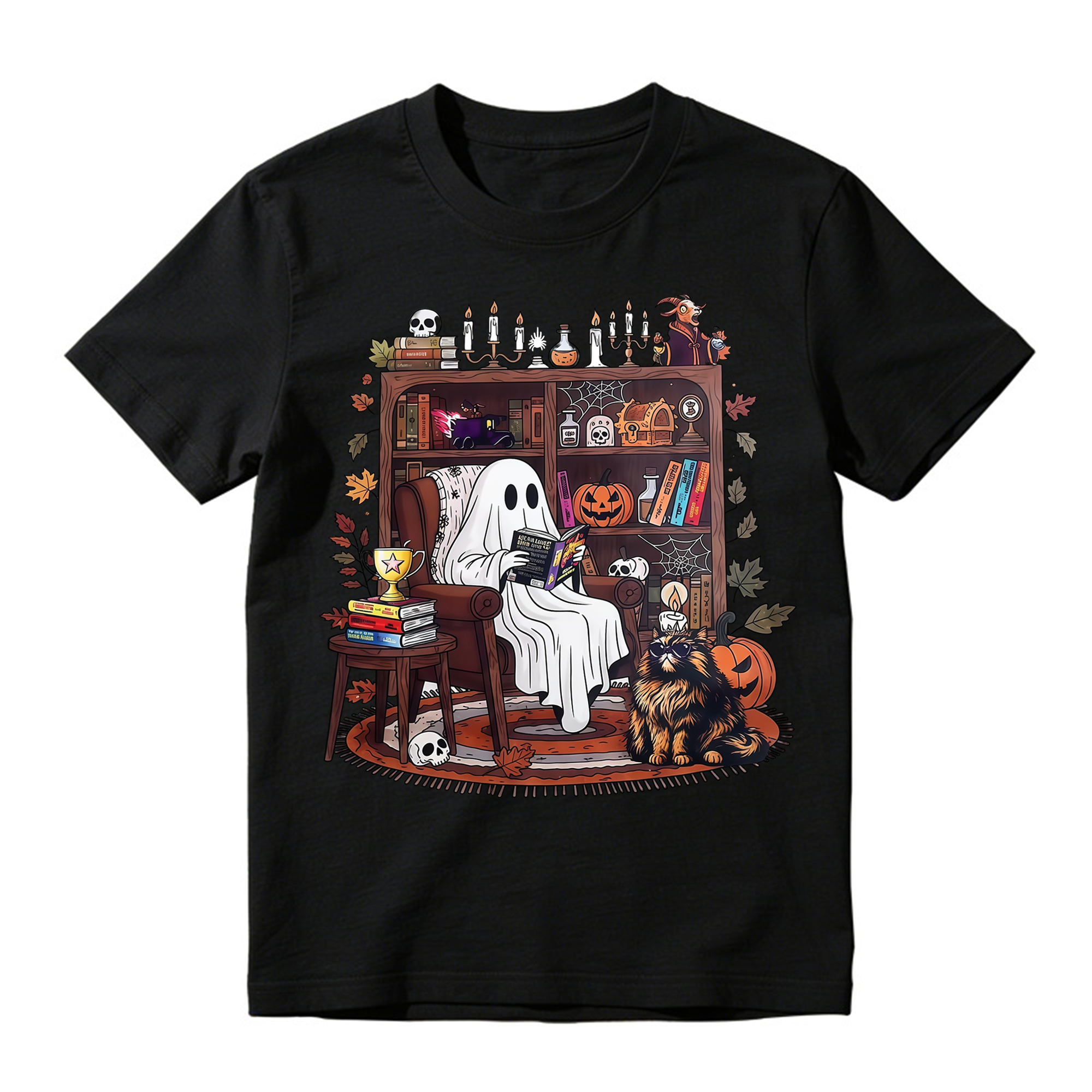 Cozy Reading Ghost With Cat And Bookshelf T Shirt Vintage Halloween Tee