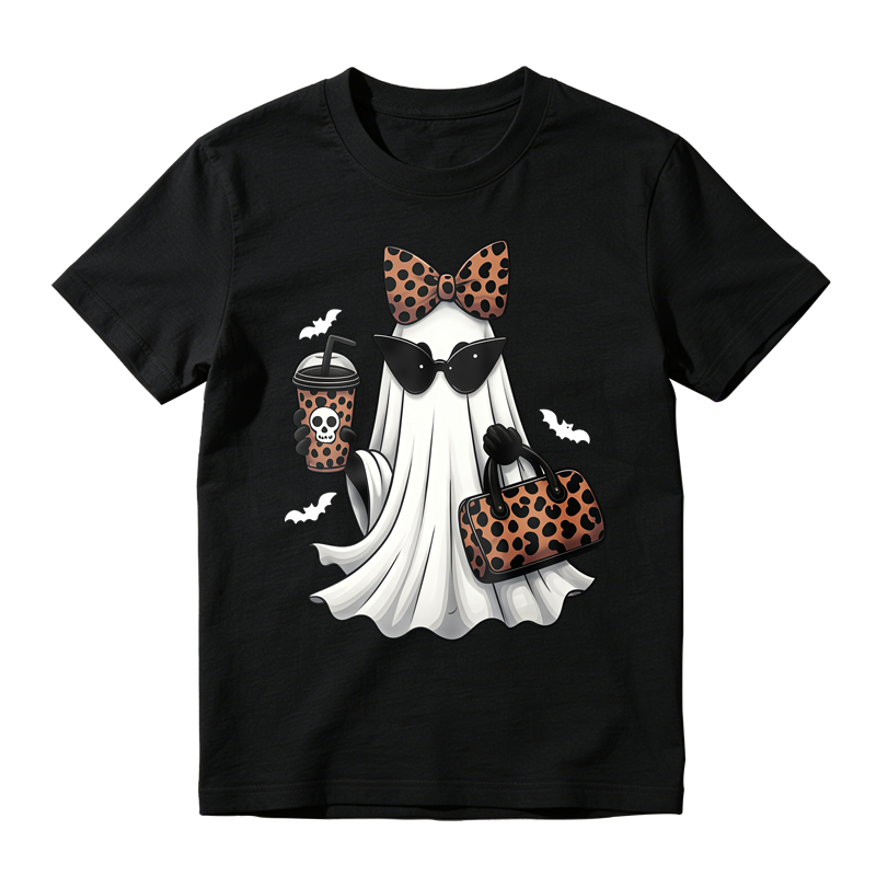 Leopard Print Ghost With Sunglasses Bow And Coffee Cup Halloween T-shirt