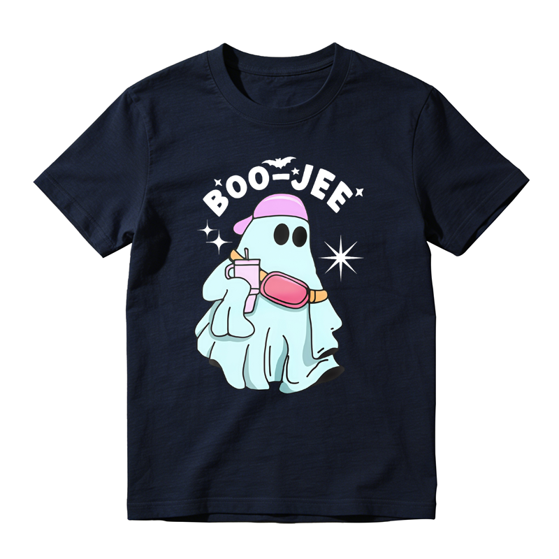 Cute Ghost Wearing Pink Hat And Fanny Pack Holding Drink Boo Jem Text Halloween Cartoon Graphic T-shirt
