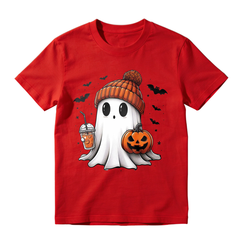 Cute Ghost Wearing Orange Beanie Holding Pumpkin And Drink Halloween T-shirt