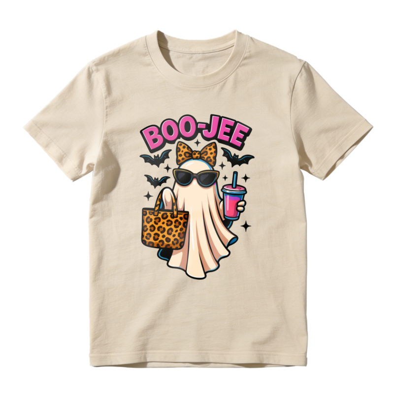 Boo Jee Funny Ghost With Leopard Print Bow Sunglasses And Drink Halloween T-shirt