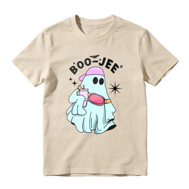Cute Ghost Wearing Pink Hat And Fanny Pack Holding Drink Boo Jem Text Halloween Cartoon Graphic T-shirt