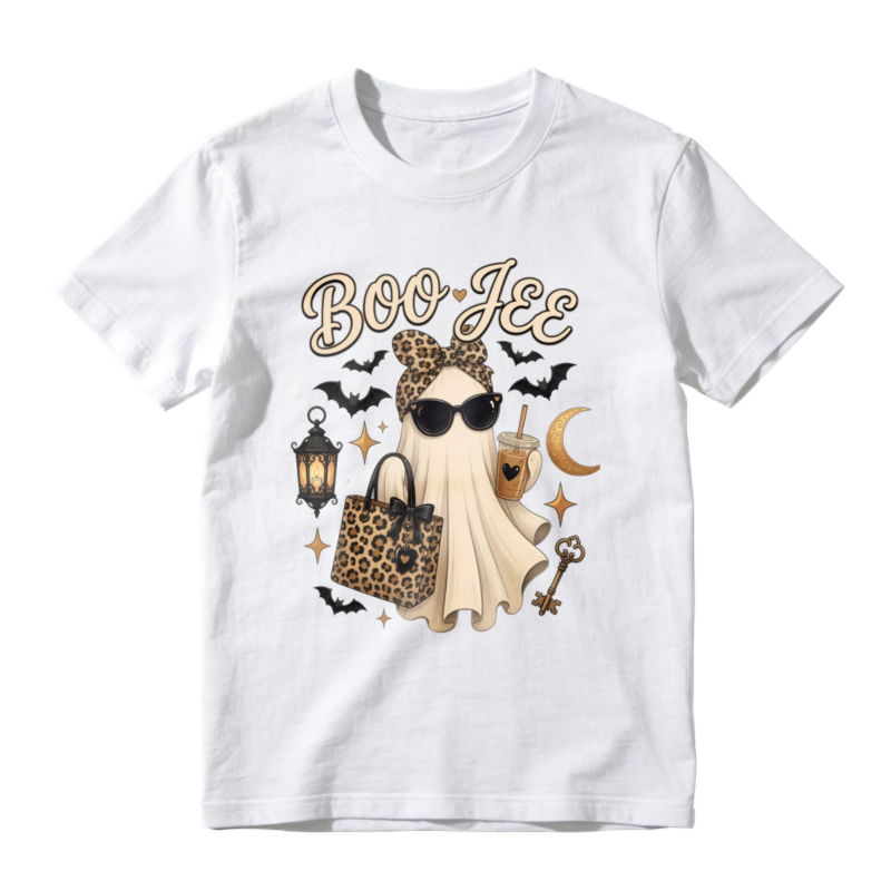 Boo Jee Leopard Print Ghost With Sunglasses And Iced Coffee Halloween Graphic T-shirt