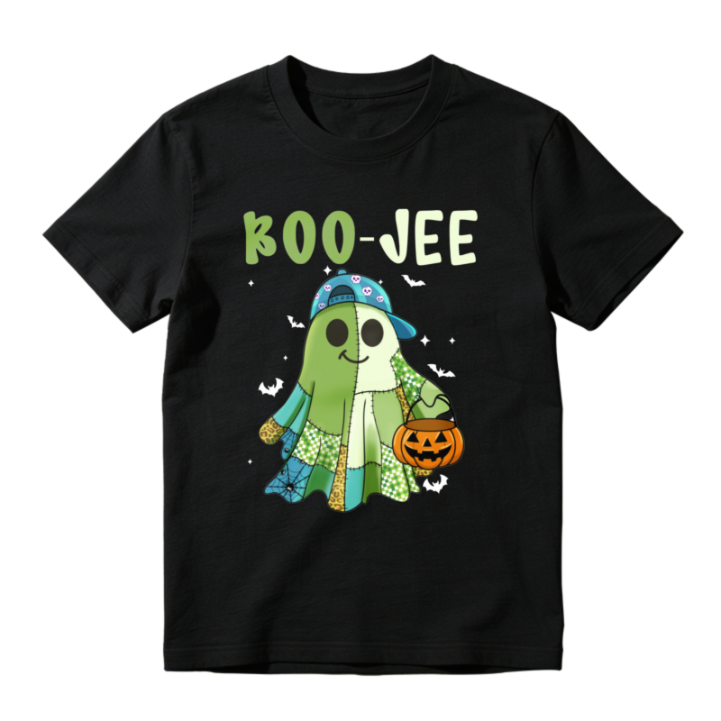 Cute Green Ghost Wearing Patchwork Clothes And Blue Hat Holding Pumpkin Bucket With Koo Jee Text Halloween T-shirt