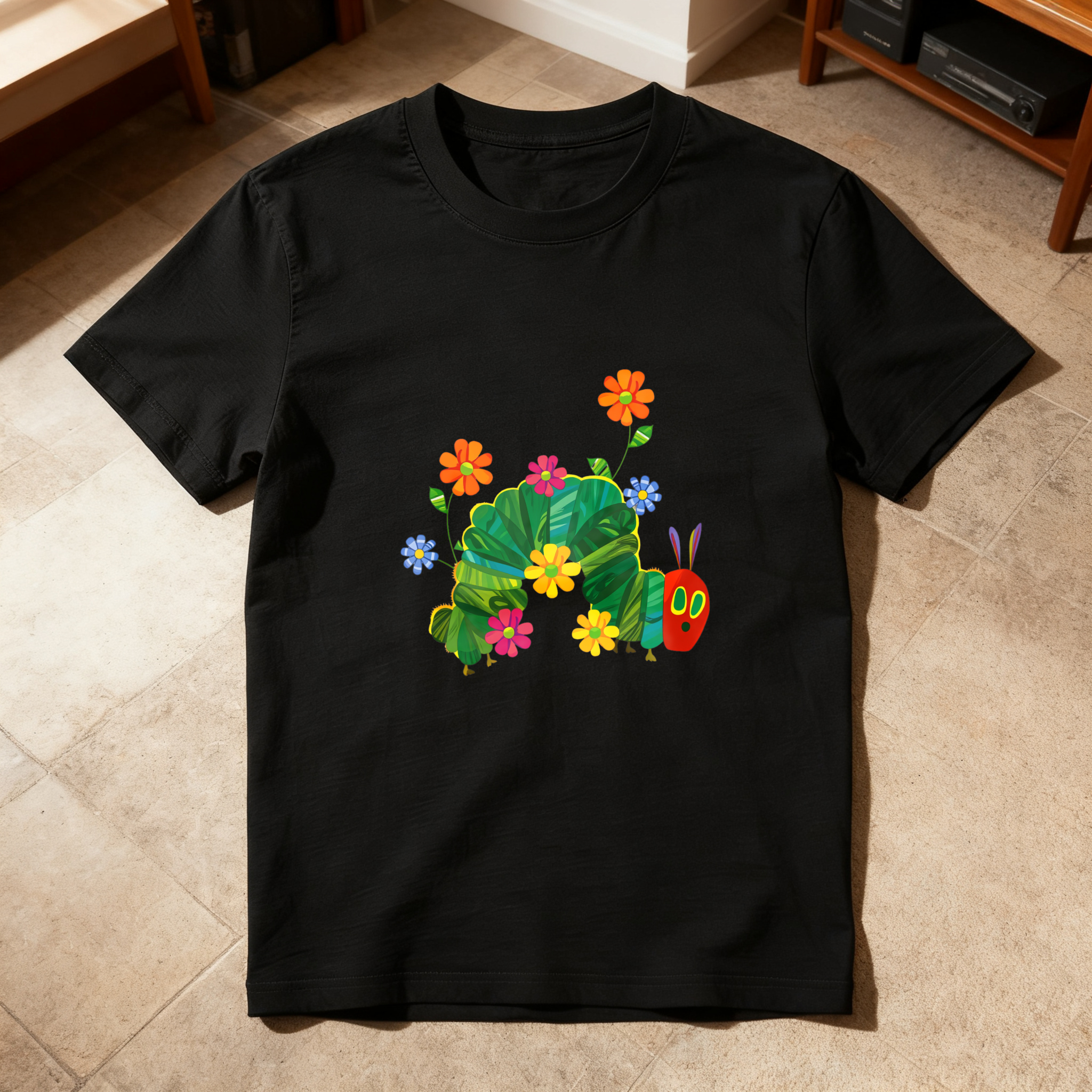 Colorful Caterpillar With Flowers And Leaves tshirt 100% cotton