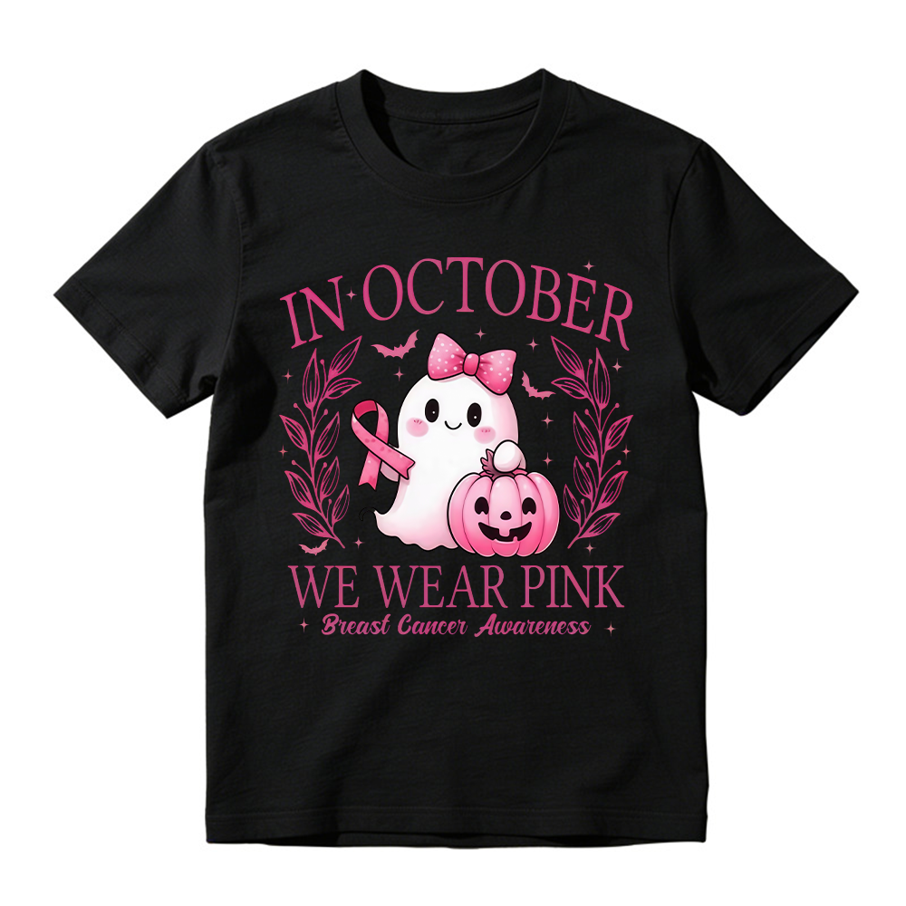 In October We Wear Pink Shirt, Retro Breast Cancer Awareness Shirt, Halloween Pink Ghost , Breast Cancer Halloween Unisex