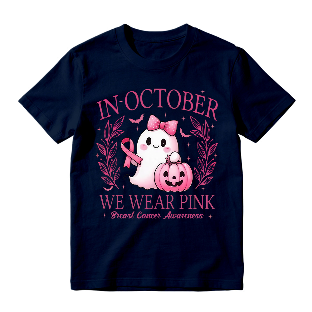 In October We Wear Pink Shirt, Retro Breast Cancer Awareness Shirt, Halloween Pink Ghost , Breast Cancer Halloween Unisex