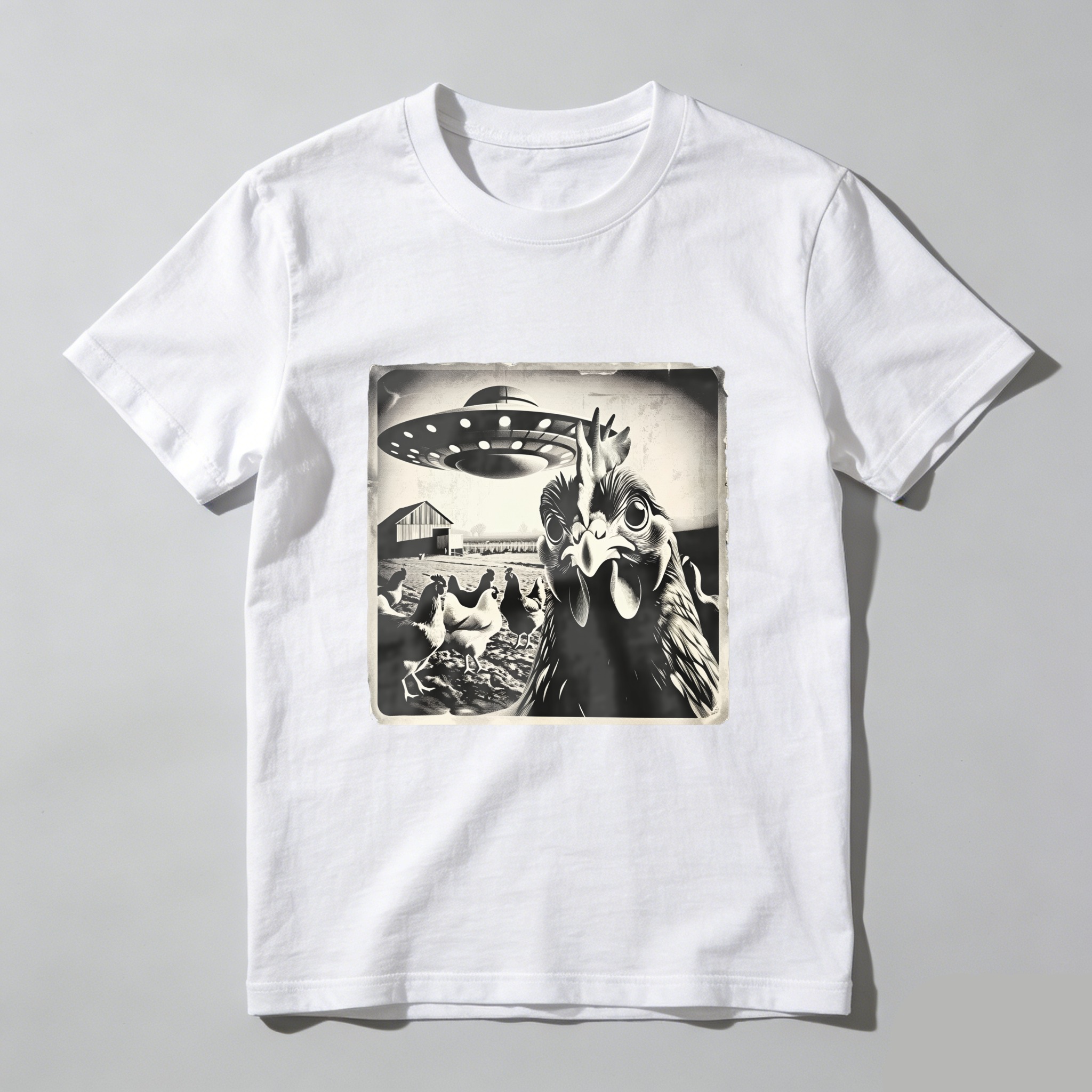 Chicken Abducted By Ufo Farm Scene tshirt 100% cotton