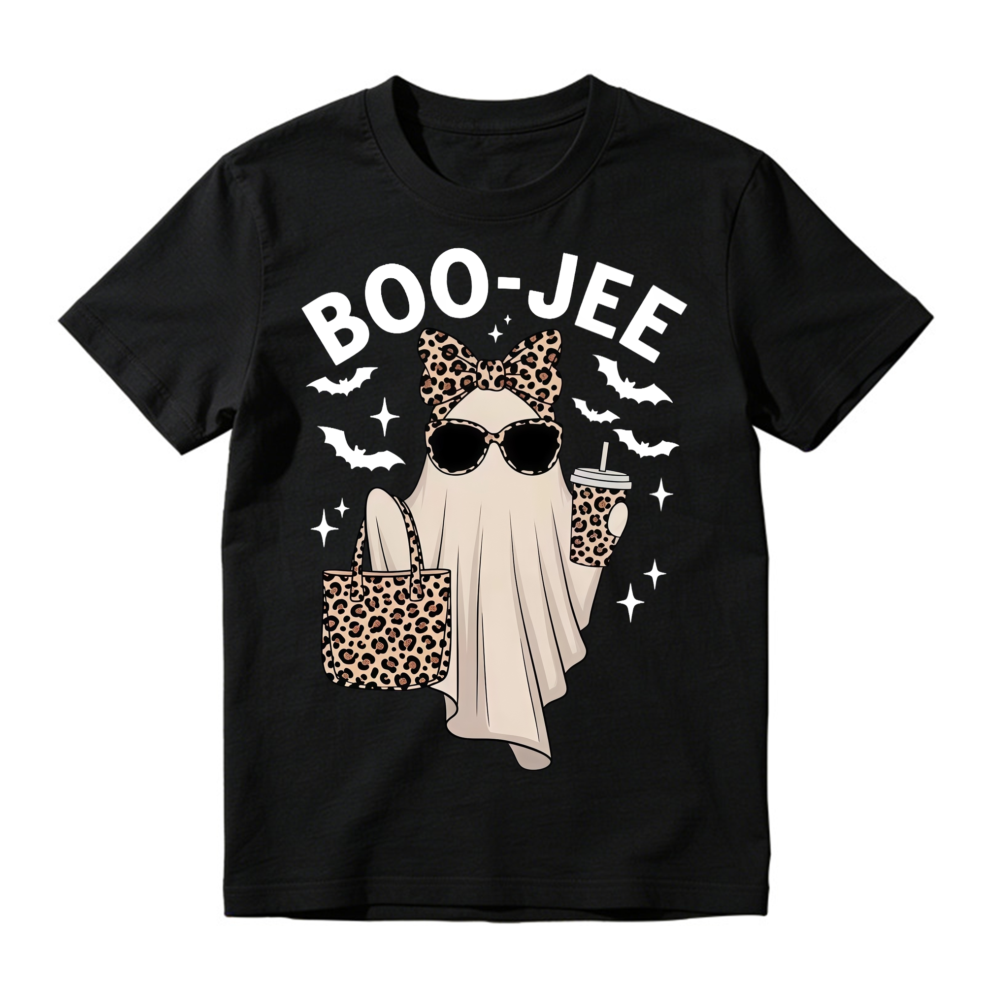 Boo Jee Leopard Print Ghost T Shirt Spooky Cute Halloween Graphic Tee