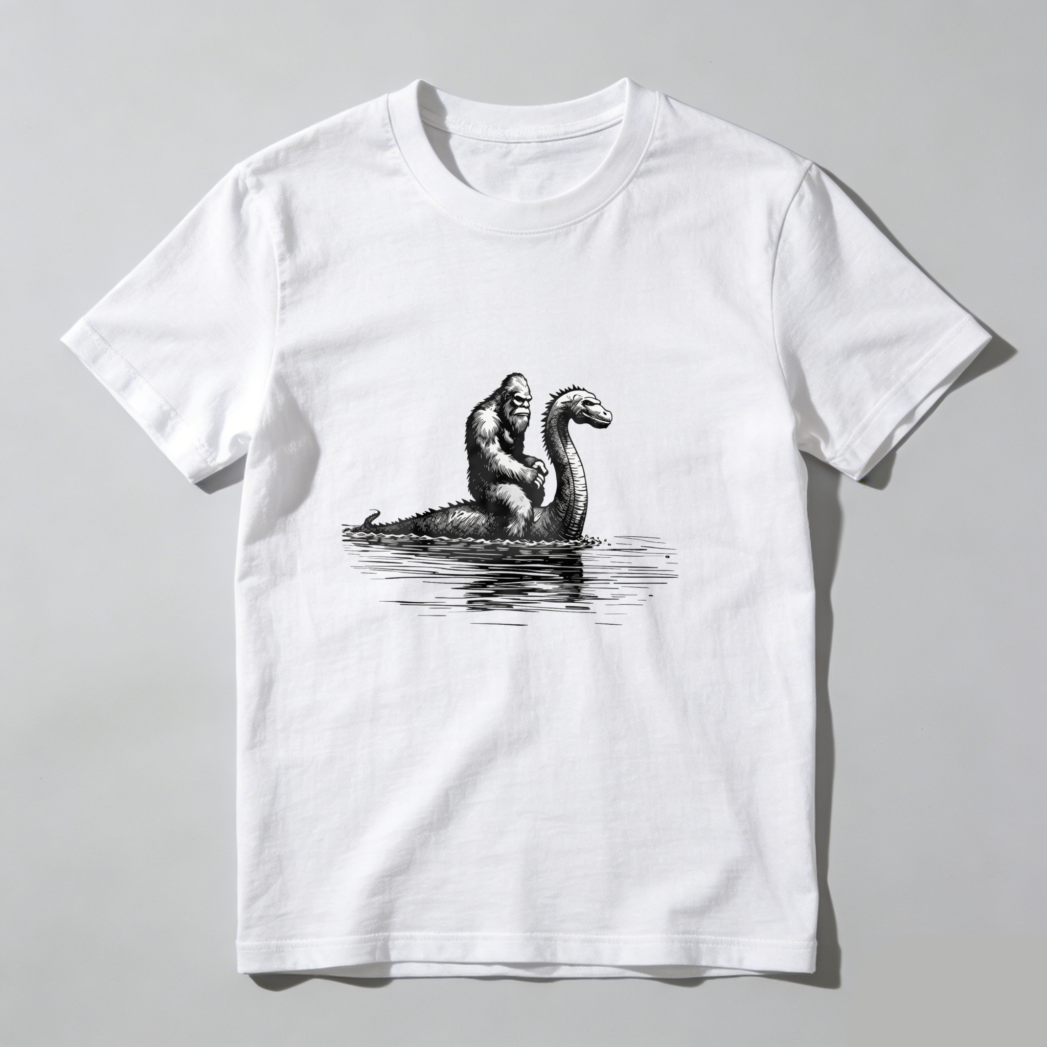 Bigfoot Riding Sea Serpent tshirt 100% cotton