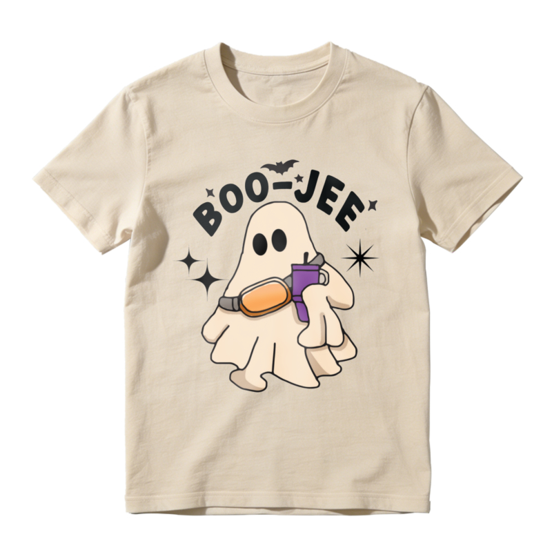Cute Ghost Holding Purple And Orange Item Boo Jee Text With Bat And Stars Halloween Theme T-shirt