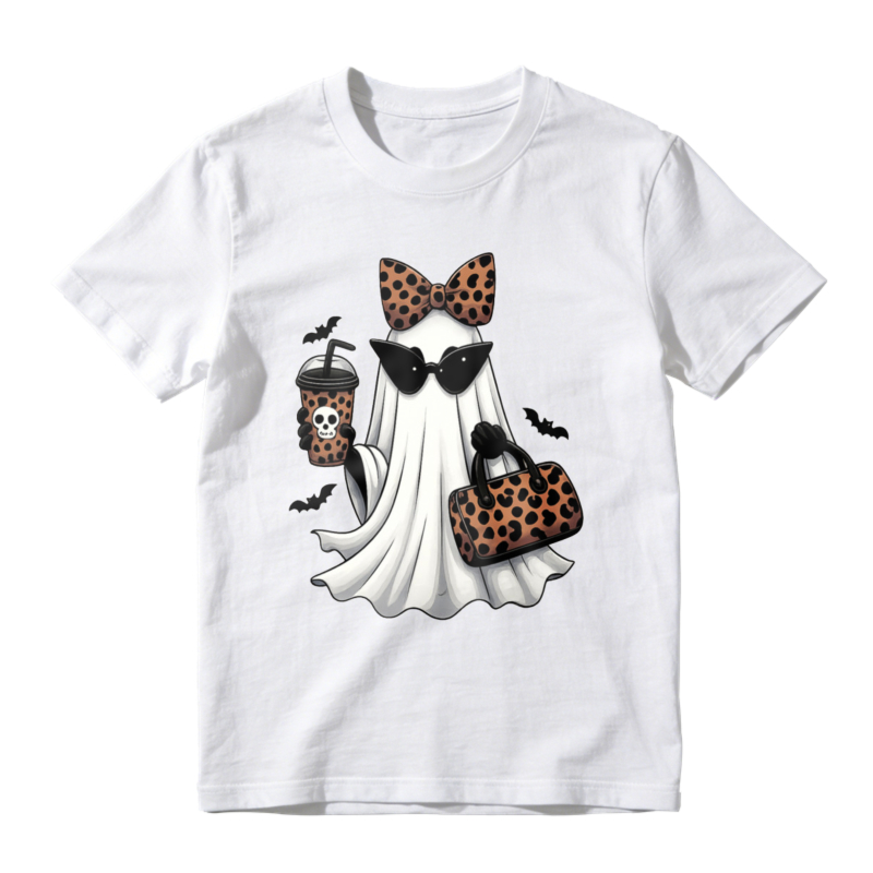 Leopard Print Ghost With Sunglasses Bow And Coffee Cup Halloween T-shirt