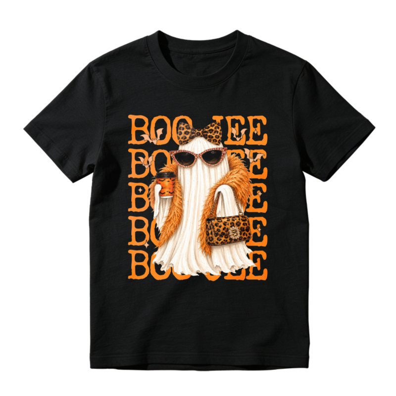 Leopard Print Boo Tee Ghost With Sunglasses And Fur Coat Halloween Graphic T-shirt