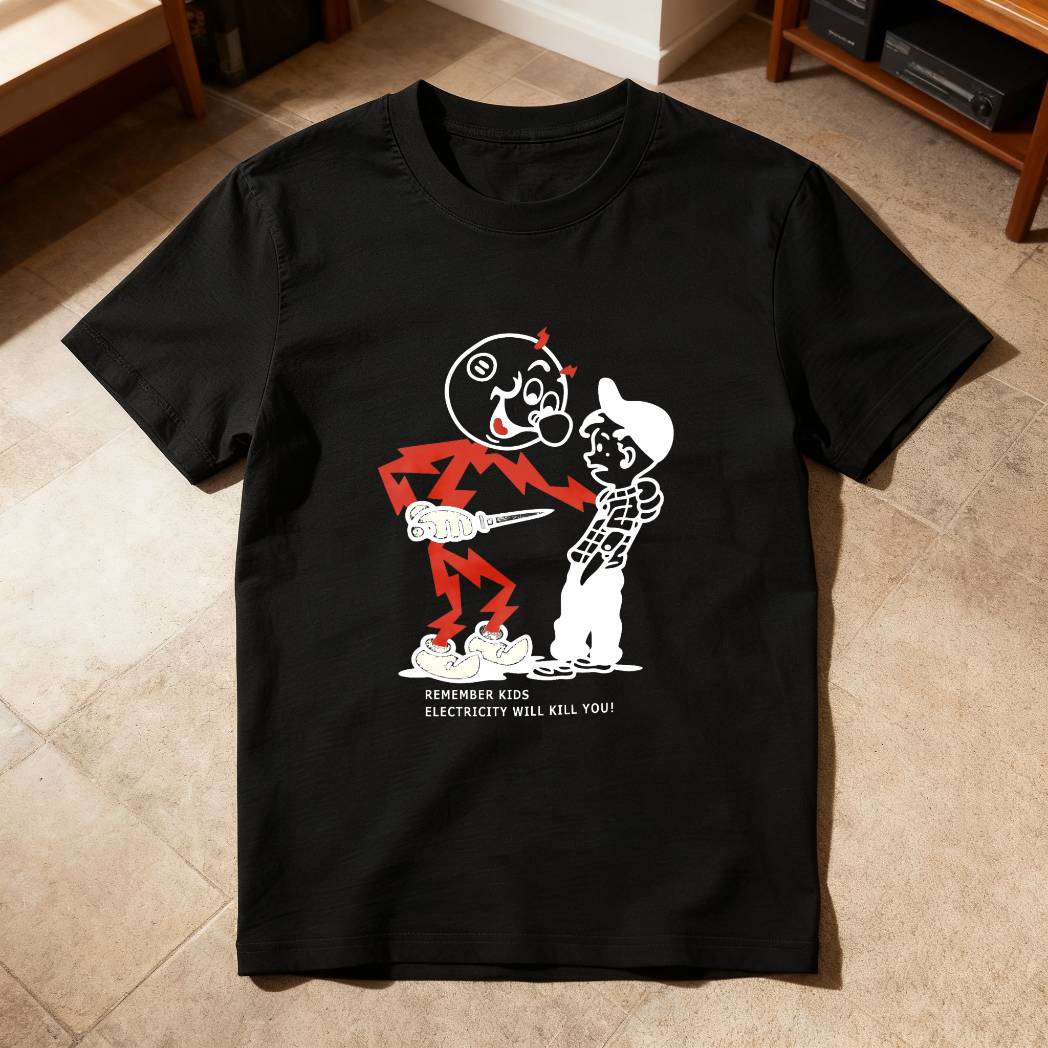 Electricity Warning Cartoon Character Design tshirt 100% cotton