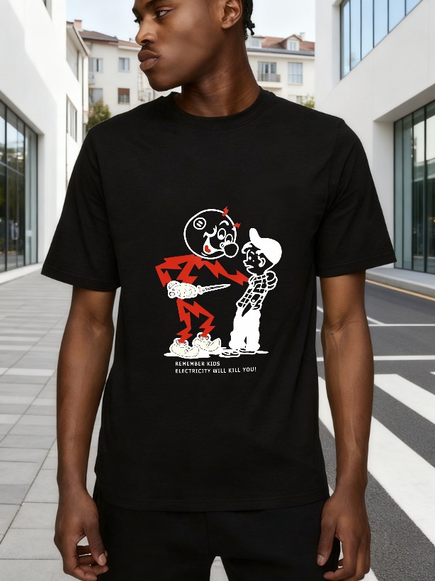 Electricity Warning Cartoon Character Design tshirt 100% cotton