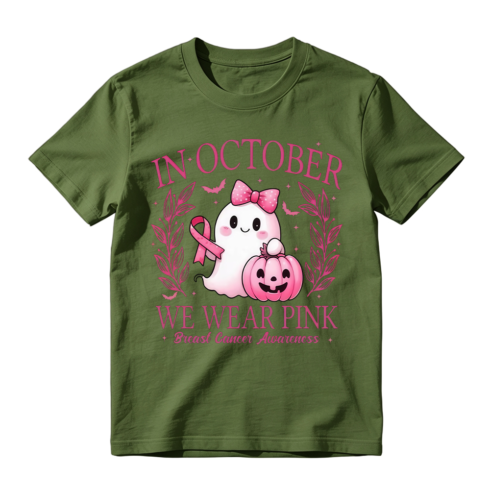 In October We Wear Pink Shirt, Retro Breast Cancer Awareness Shirt, Halloween Pink Ghost , Breast Cancer Halloween Unisex