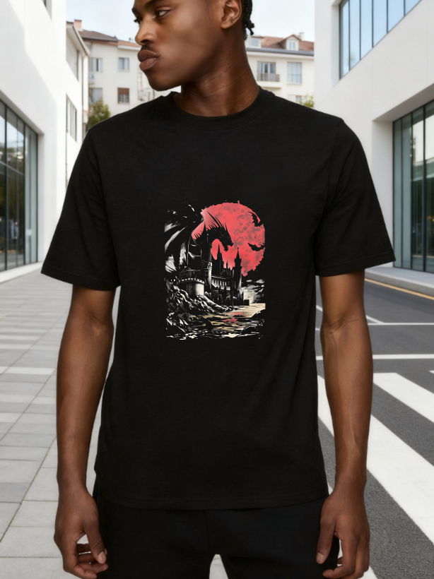 Dark Castle Under Red Moon tshirt 100% cotton