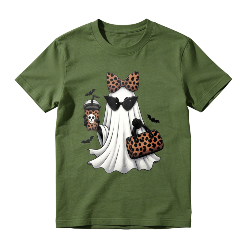 Leopard Print Ghost With Sunglasses Bow And Coffee Cup Halloween T-shirt