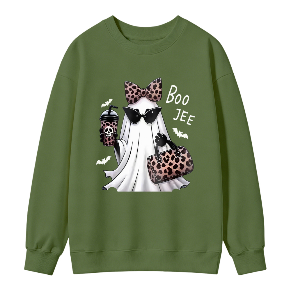 Cute Ghost With Leopard Bow Sunglasses And Coffee Cup Boo Jee Halloween Graphic Sweatshirt