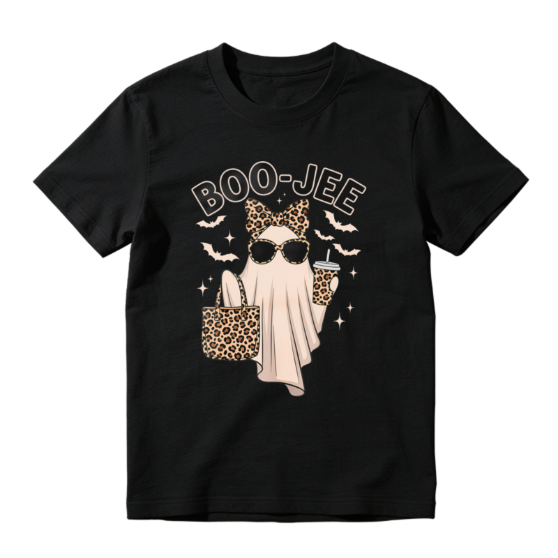 Boo Jee Leopard Print Ghost With Sunglasses And Coffee Cup Halloween Graphic T-shirt