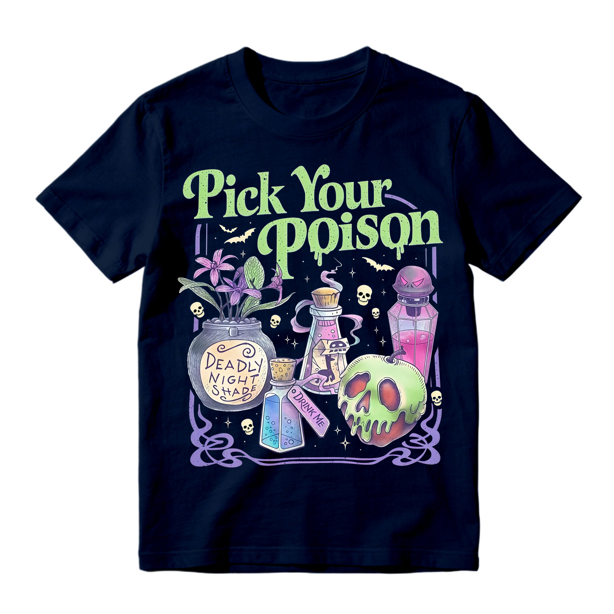 Witchy Potion Bottles Skull Apple T Shirt Pick Your Poison Halloween Tee