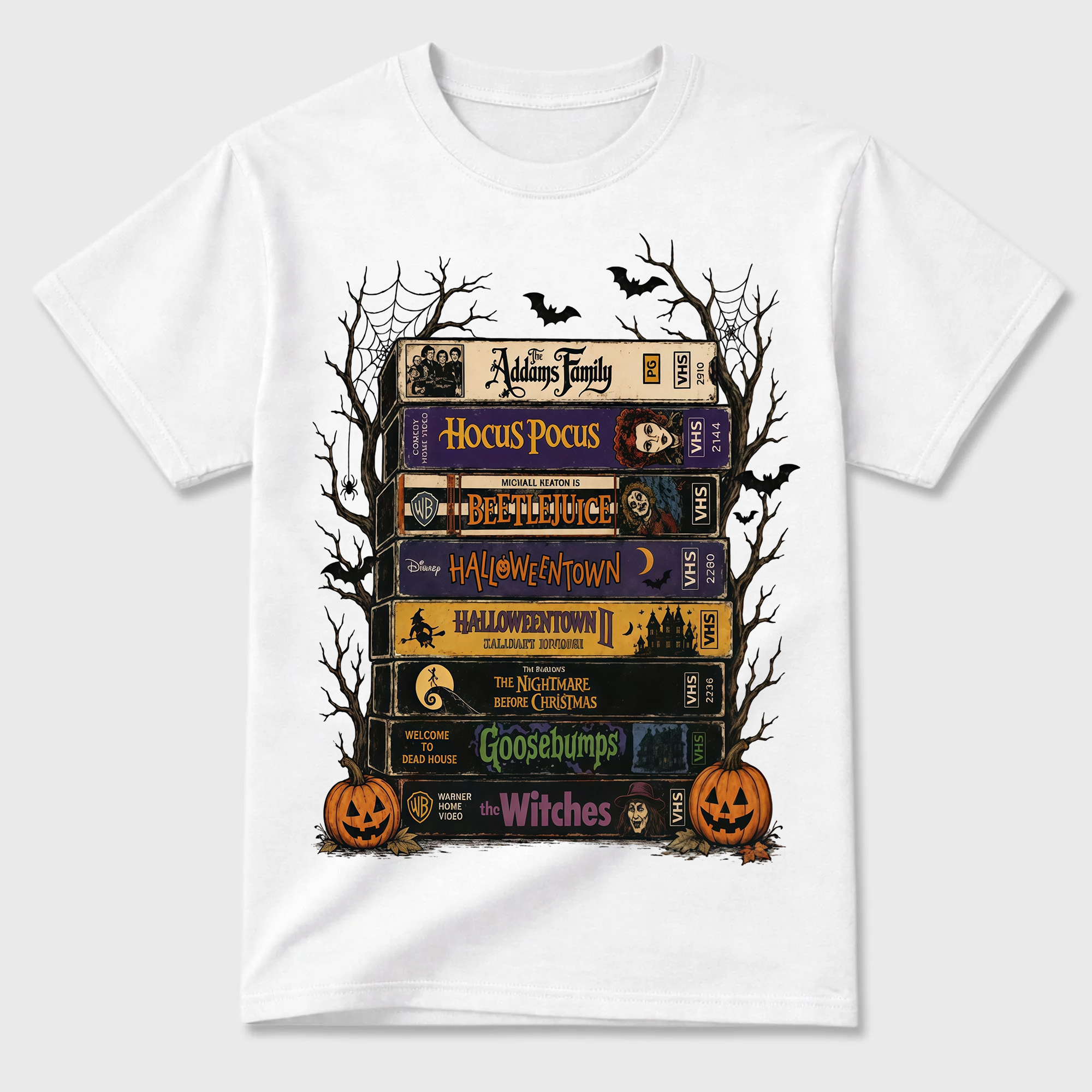 Retro Halloween VHS Tape Stack T Shirt Spooky Nostalgic Movie Graphic Tee