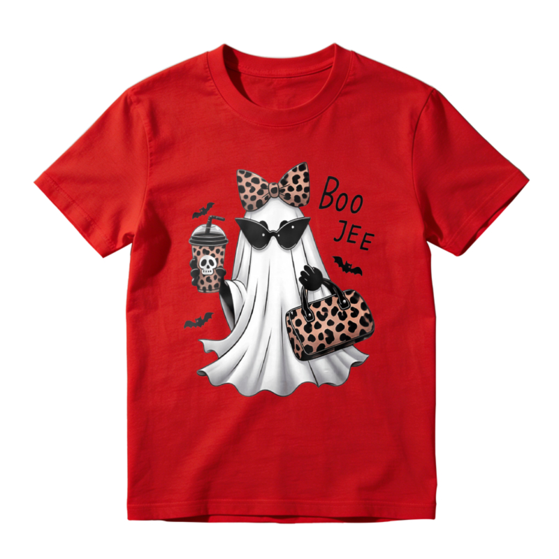 Leopard Print Ghost With Sunglasses Bow Tie Coffee Cup And Handbag Halloween Boo Tee T-shirt