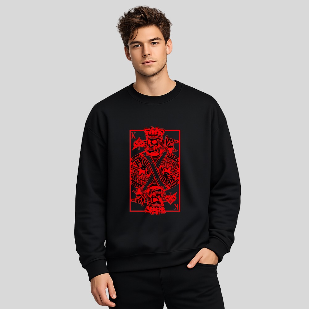 Red King Card Design With Crown And Crossed Swords tshirt 100% cotton