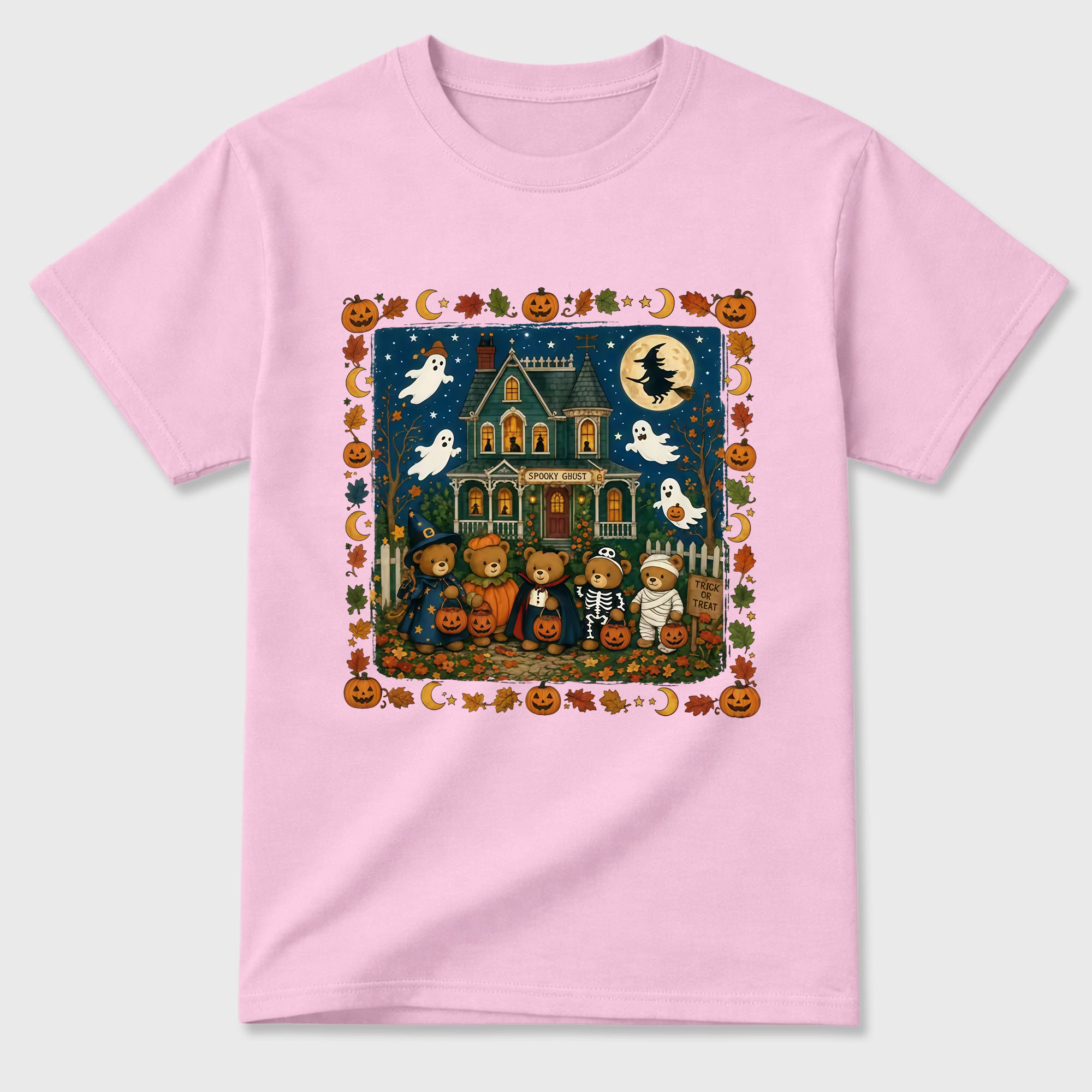 Vintage Halloween Trick Or Treat Teddy Bears T Shirt Spooky Haunted House Graphic Tee