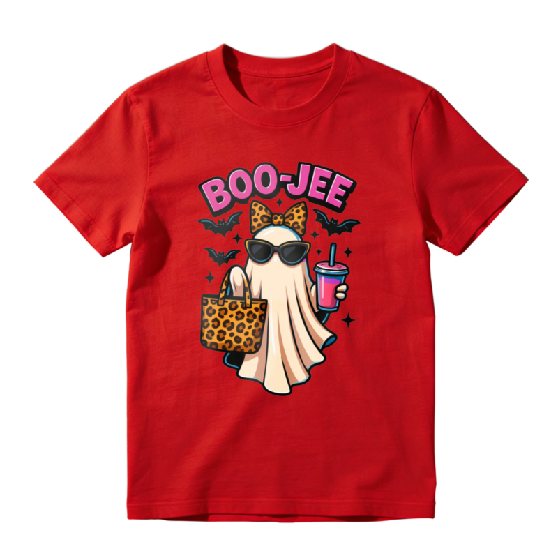 Boo Jee Funny Ghost With Leopard Print Bow Sunglasses And Drink Halloween T-shirt