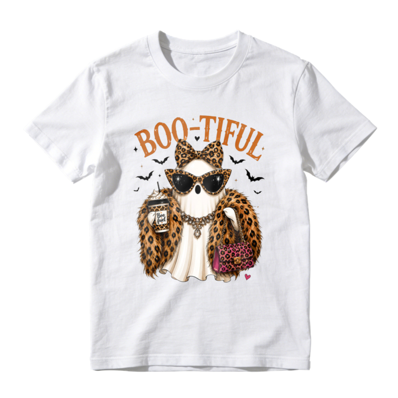 Boo Tiful Leopard Print Ghost With Sunglasses And Coffee Cup Halloween Graphic T-shirt