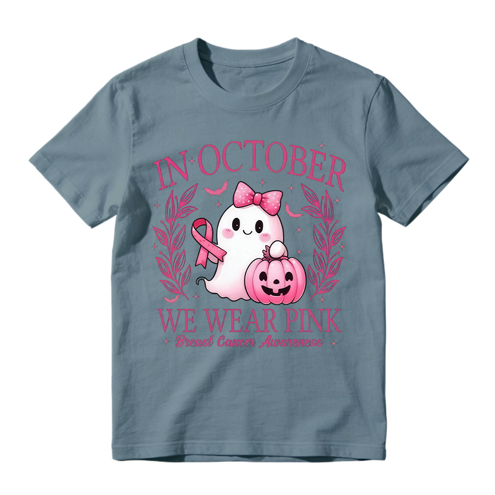 In October We Wear Pink Shirt, Retro Breast Cancer Awareness Shirt, Halloween Pink Ghost , Breast Cancer Halloween Unisex