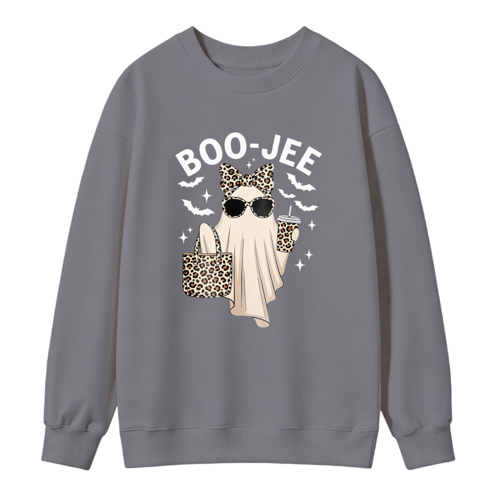 Boo Jee Funny Ghost With Leopard Print Bow Sunglasses And Coffee Cup Halloween Sweatshirt