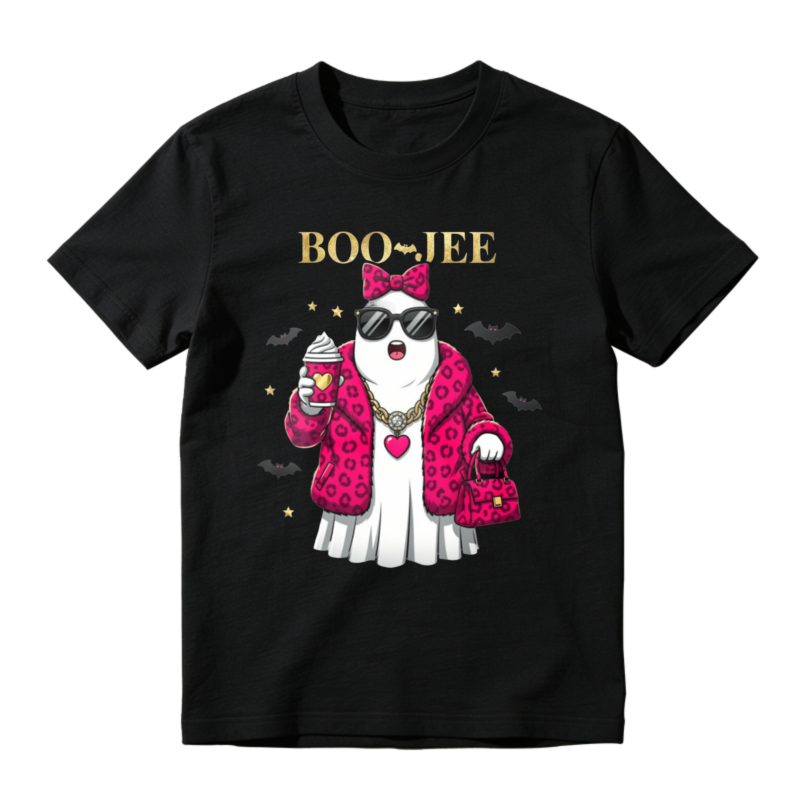 Boo Jee Funny Halloween Ghost Wearing Pink Leopard Coat Sunglasses Holding Coffee Cup Bat Stars Graphic T-shirt