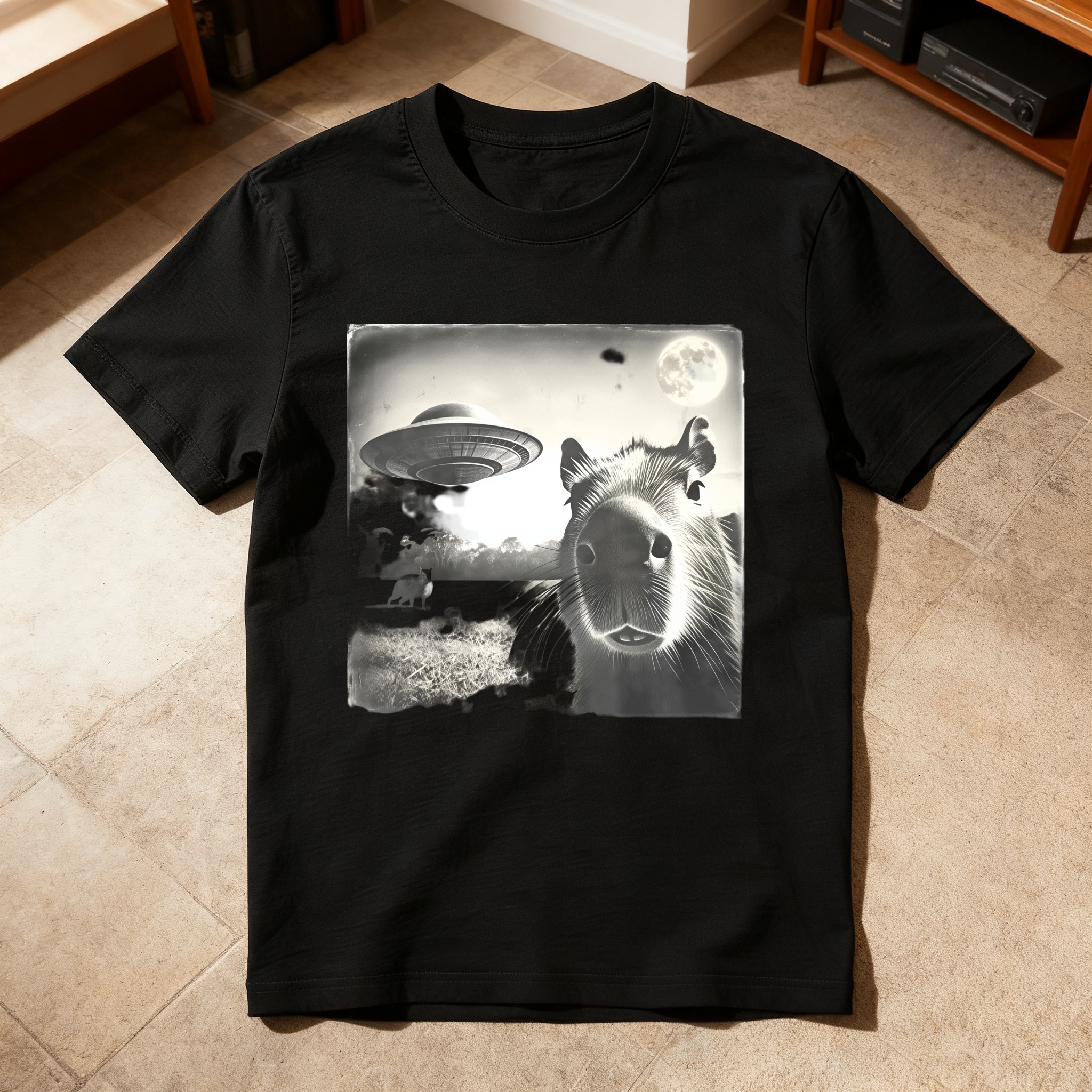 Capybara Ufo Moon Landscape Night Scene tshirt 100% cotton