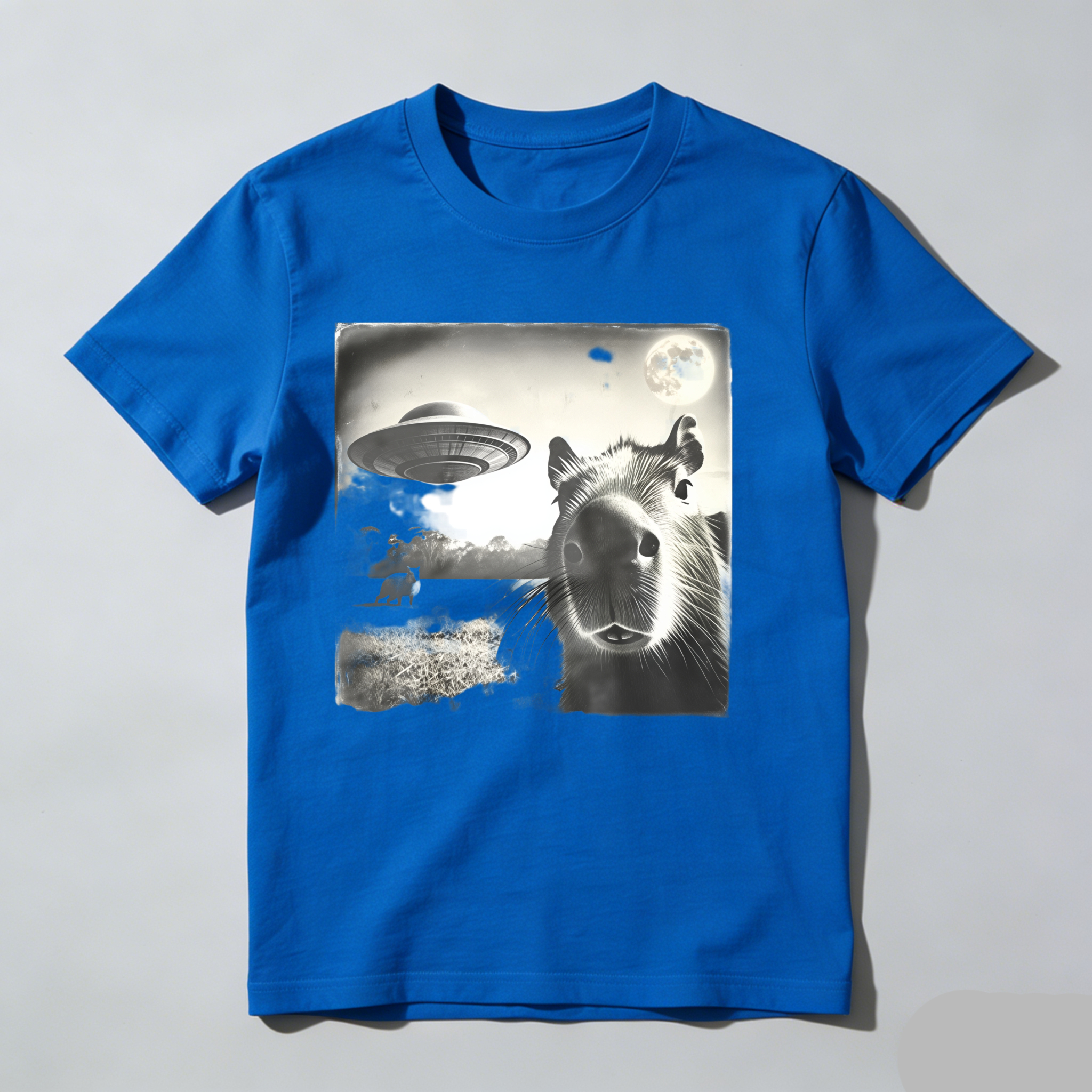 Capybara Ufo Moon Landscape Night Scene tshirt 100% cotton
